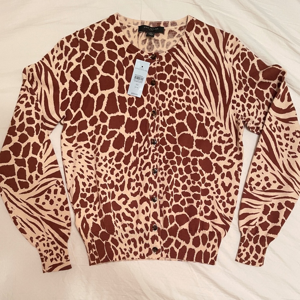 NWT Ann Taylor Petite Mixed Animal Print Stretchy 100% Cotton Cardigan Size XSP